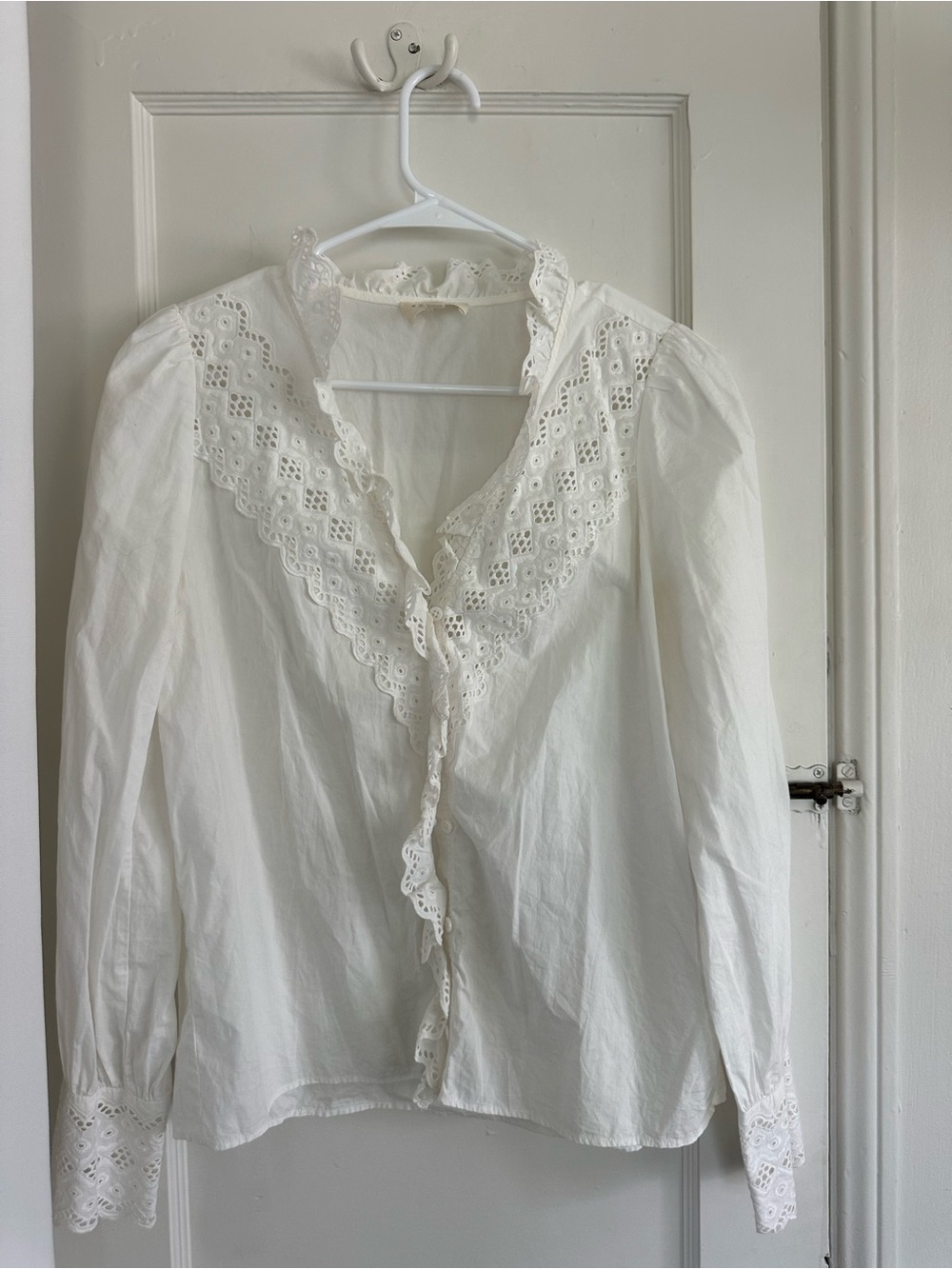 Sezane White Eyelet Ruffle Button-Down Blouse